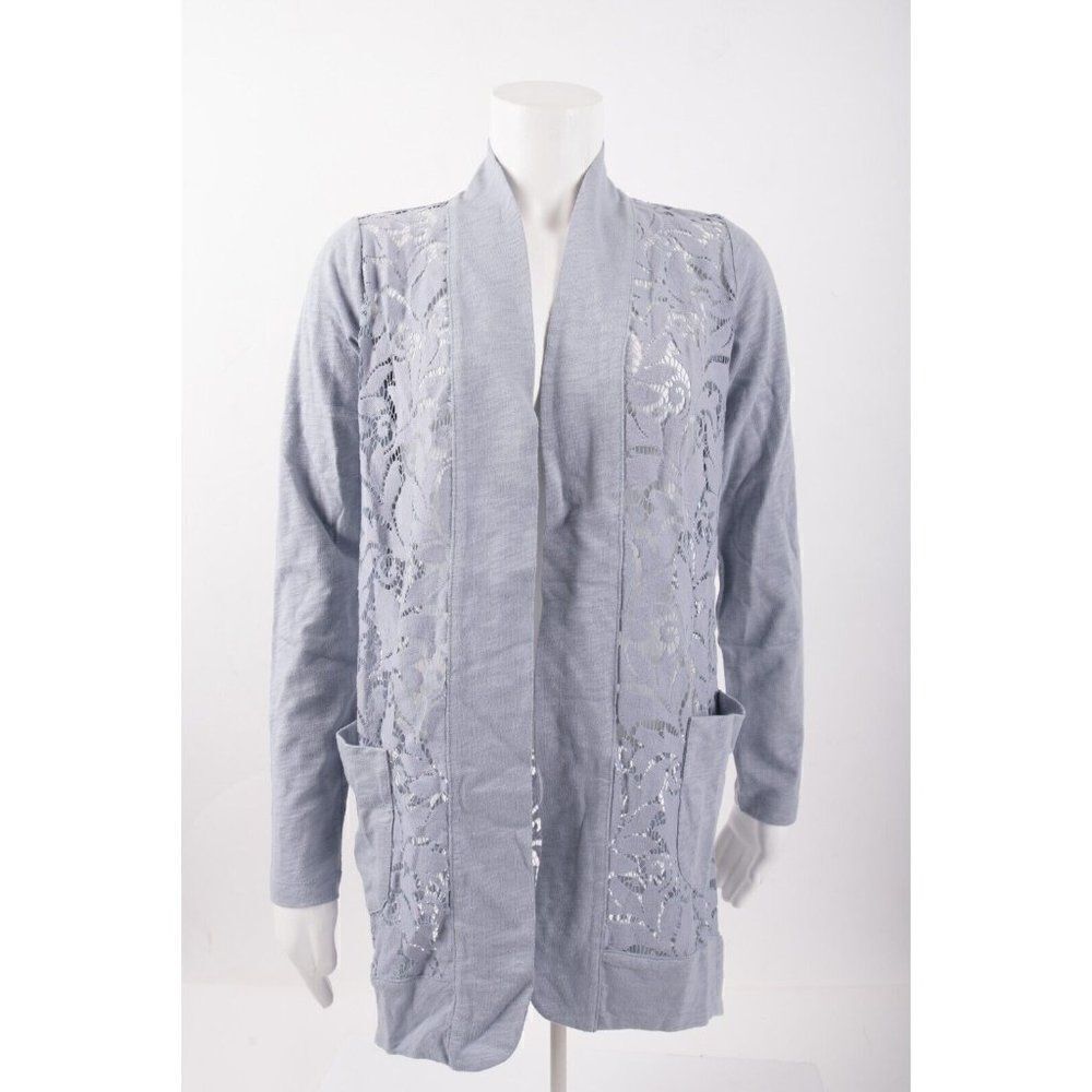 LOGO by Lori Goldstein Open Front Slub Cardigan w/ Lace Detail XXS Gray Shirt